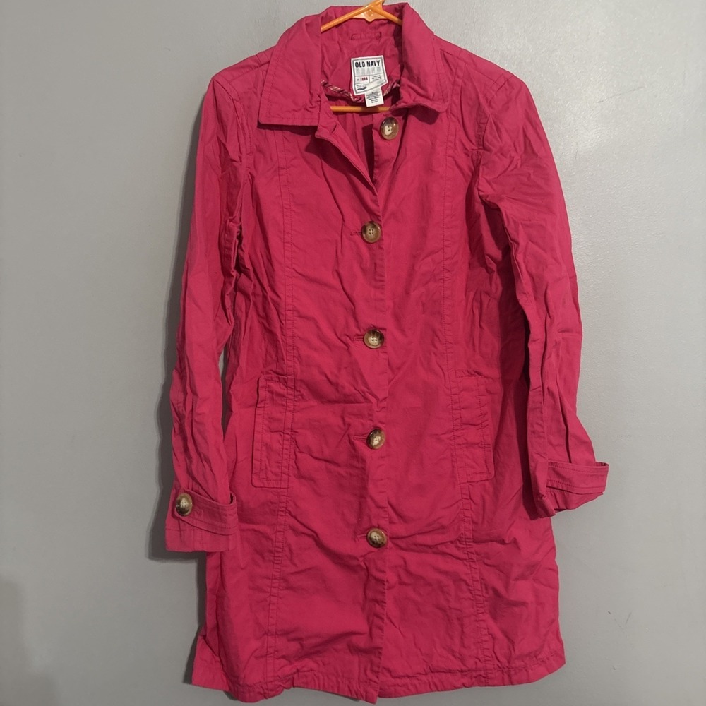 Women's Old Navy Pink/Red Trench Coat Long Sleeve Spring Jacket Size Med Read